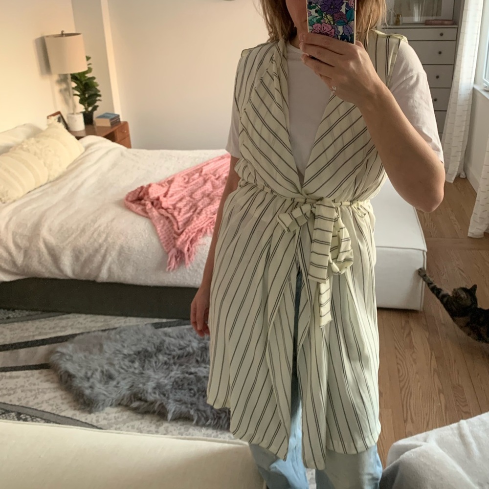 Sheer creamy off white striped cover up wrap dress kimono